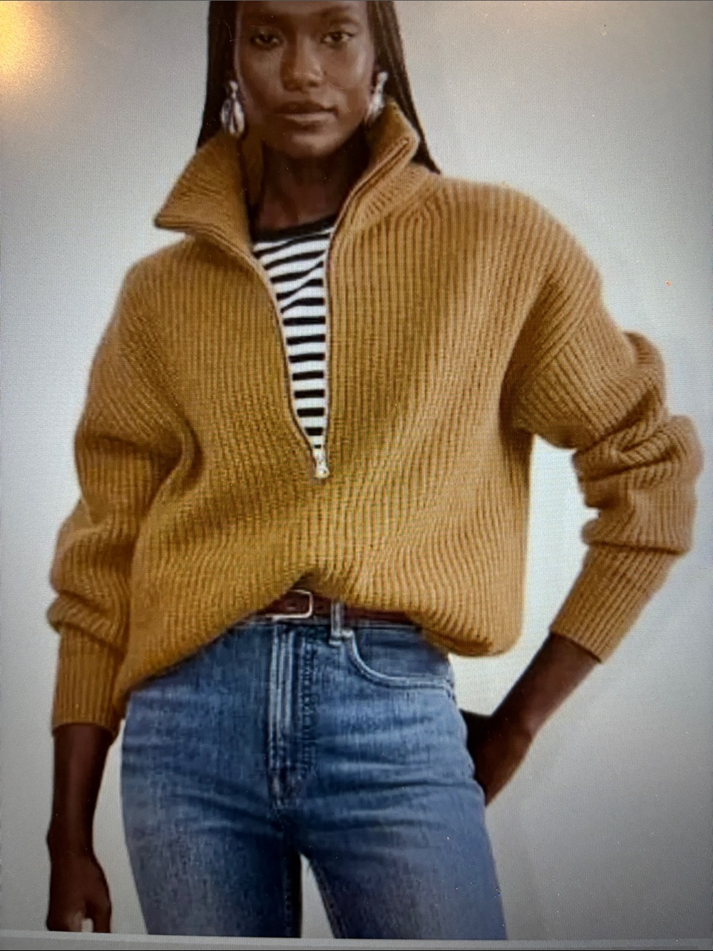 Everlane 100% Wool Ribbed Half-Zip Sweater in Camel Brown